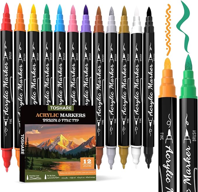 12 Colors Precision Dual Tip Acrylic Paint Markers Pens - Brush & Fine | Performs on Rock, Wood, Paper, Fabric, Egg, Scrapbook, Glass, Ceramic, Canvas, DIY Crafts Art Gift - School Supplies