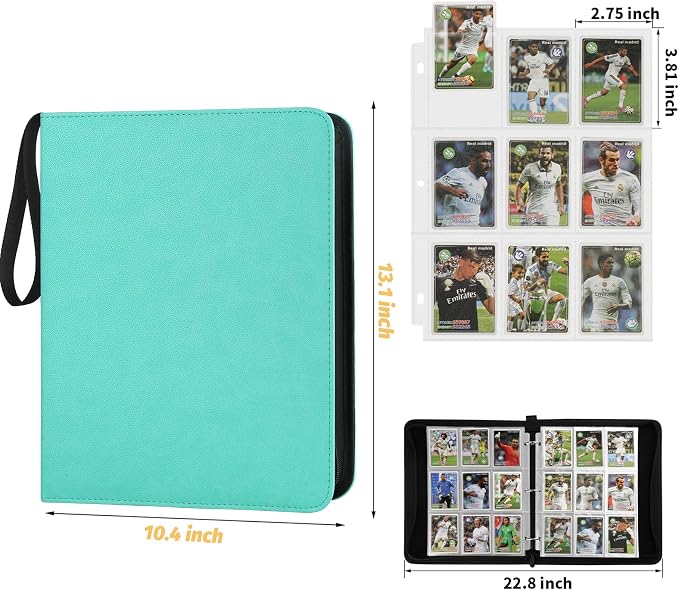 GERMUN 3 Ring 9 Pocket Zipper Card Binder, 720 Double Sided Standard PU Trading Card Album Folder for TCG & Sports Cards, Not Fit Top Loaders (lake blue)