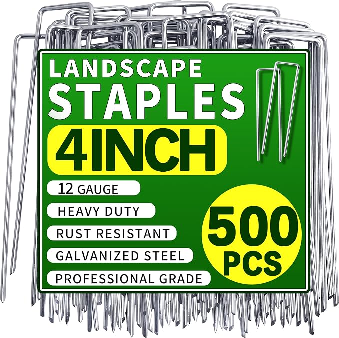 500 Pack Landscape Staples 4 Inch 12 Gauge Garden Stakes | Galvanized Garden Staples Pins Anti-Rust Ground Stakes for Weed Barrier, Irrigation Tubing, Landscaping Fabric, Yard Lawn