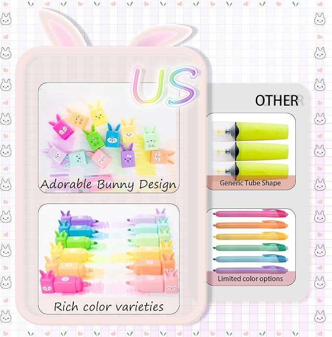 Rabbit Pastel Highlighters, 12 Soft Colors, Chisel Tip Markers | Cute No Bleed & Quick Dry Highlighters for School, Journals & Notes