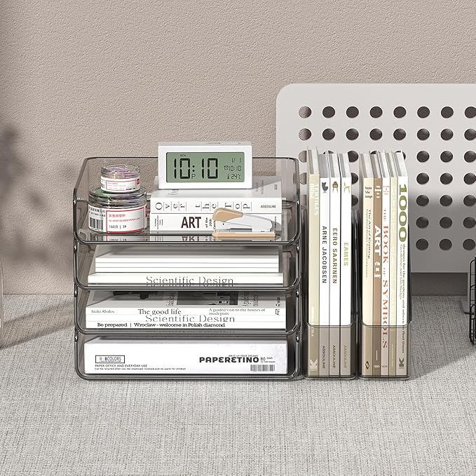 4-Tier Horizontal Acrylic Paper Tray Organizer with Booends | Clear Stackable Desk Organizer for Documents, Letters, A4 Paper | Modern Office/Classroom/Home Organization,Brown