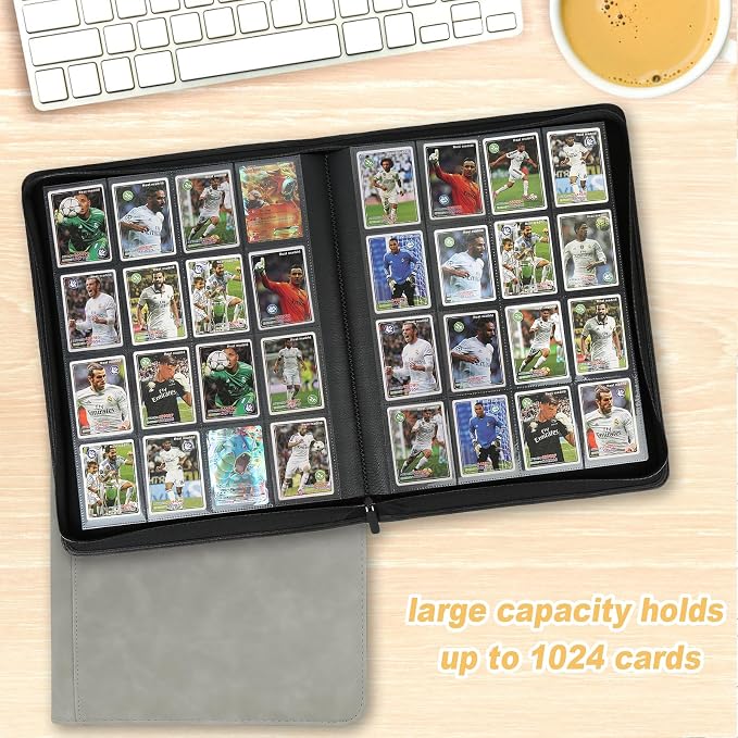 16 Pocket Ringless Side Loading Trading Card Binder, 1024 Cards PU Fixed Page Zipper Card Album for TCG Sports Game Cards, Not Fit Top Loaders (Marble Grey)