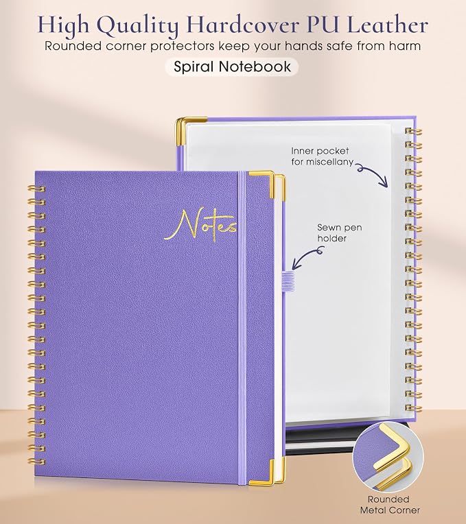 Hardcover Spiral Notebook Journal 8.5” x 11”, A4 Large Leather Notebooks for Women Men, Lined College Ruled Notebook, 100 GSM Paper, Spiral Bound Journals for Work School Note Taking Business, Purple