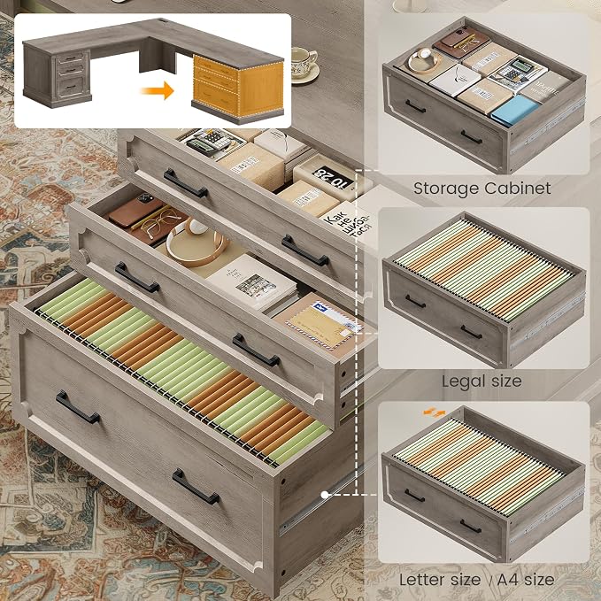 SEDETA Farmhouse 78.8" L Shaped Desk with 6 Drawers, Home Office Desk with Power Outlet, File Cabinet Storage, Wood Corner Computer Desk for Work and Study, Gray