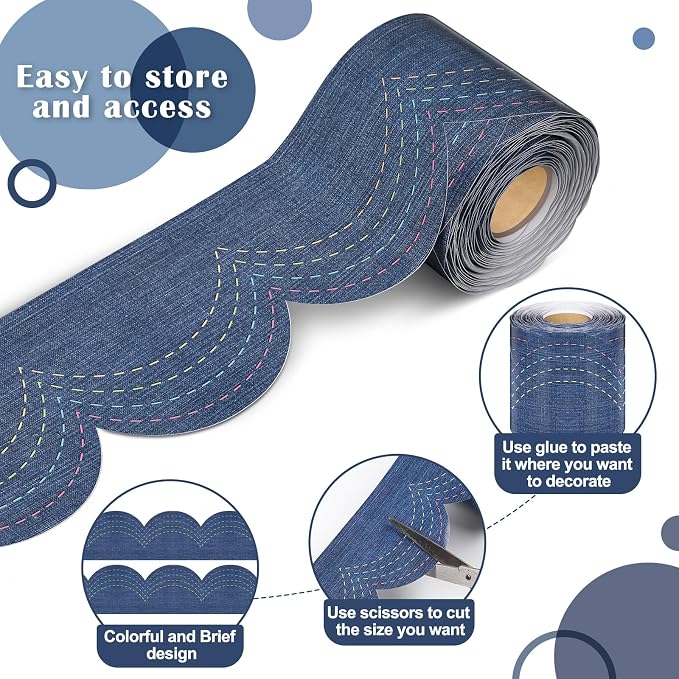 Zonon 65.6 Feet Blue Jeans Bulletin Board Border Farmhouse Scalloped Retro Blue Border for Bulletin Board Trim Roll Classroom Decorations for Back to School Classroom Chalkboard Home Office Wall Decor