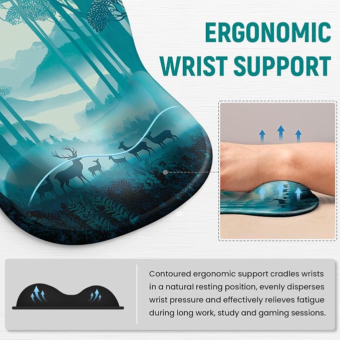 Ergonomic Mouse Pad with Wrist Rest, Gel Wrist Support, Deer Forest | 10.2 x 7.6 in Mouse Pad with Smooth Fabric Surface and Non-Slip Rubber Base for Office, Home, Study, and Gaming