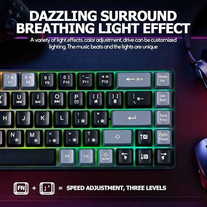 Wired Portable 60% Mechanical Feeling Gaming Keyboard,RGB LED Backlit Compact 68 Keys Mini Wired Office Keyboard for Windows Laptop PC Mac Gamer, Typist, Travel on Business Trip Black–Grey