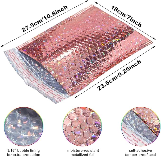 30 Pieces Holographic Bubble Mailers Padded Mailer Holographic Bubble Mailers Padded Envelopes Self Sealing Cushion Envelopes for Mailing, Shipping and Packing(Rose Gold, 11 x 7 Inch)