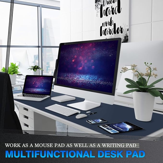 K KNODEL Extra Large Desk Mat, Leather Mouse Pad (47.2"x17", Dark Blue) | Desk Pad, Keyboard Pad, Computer and Laptop Mat, Desktop Protector and Cover, Writing Pad and Blotter for Home Office
