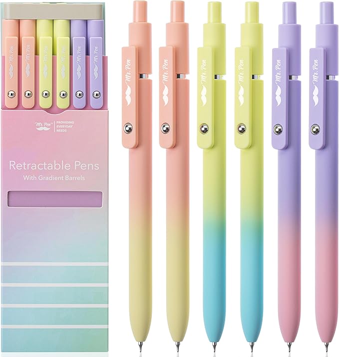 Mr. Pen- Retractable Gel Pens, 6 Pack, Gradient Color Barrels, Black Gel Pens, Fast Dry, Fine Point 0.5mm, Retractable, Cute Pens, Gel Ink Pens, Aesthetic Pens for Journaling