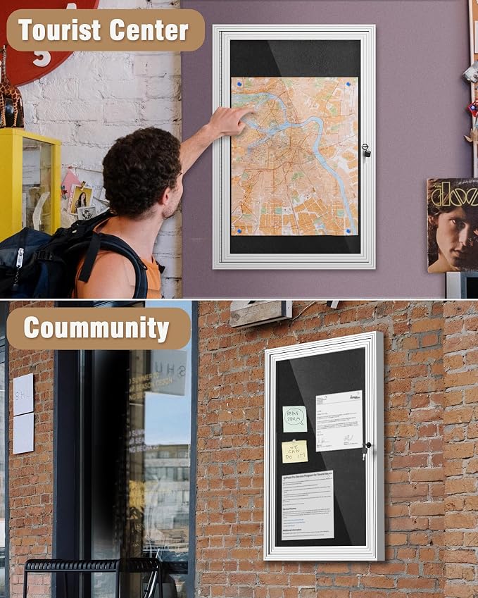 Mifuro 36"x24" Enclosed Bulletin Board, Outdoor Lockable Weather-Resistant Aluminum Cork Noticeboard for School & Office, Silver Frame w/Black Flet
