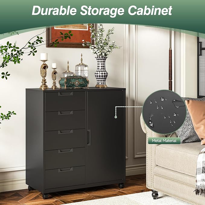 MIIIKO 5 Drawer Storage Cabinet with Door and Shelf, Mobile Lateral Cabinet on Wheels, Office Small Organizer Printer Stand, Black File Cabinets