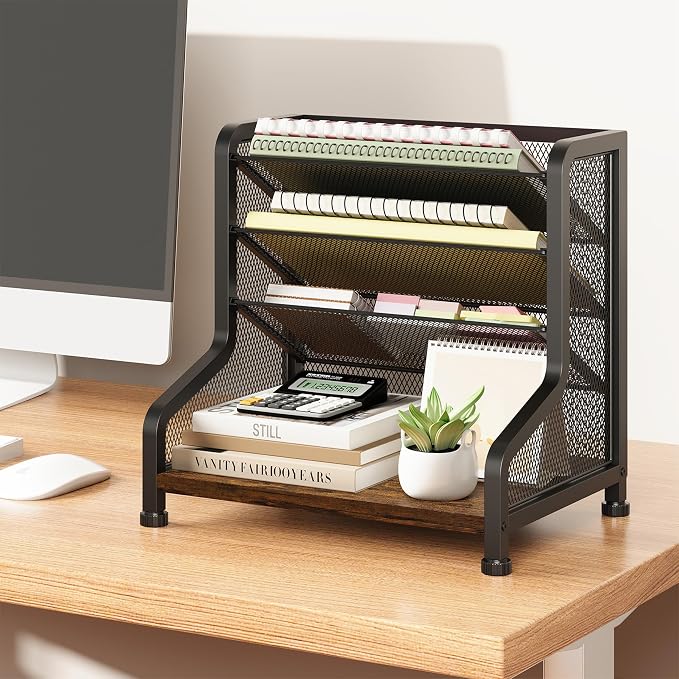 SWTYMIKI Paper Organizer, Mesh and Wood Desk Office Organizer, Office Organization and Binder Storage for Workspace, Home, School, Espresso