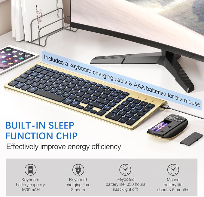 Wireless Backlit Keyboard and Mouse Ultra Slim Combo, TopMate - Gold Black | 2.4G Silent Compact 2400DPI Mouse and Scissor Switch Keyboard Set, Batteries Included, for PC/Laptop/Windows/Mac/Gaming