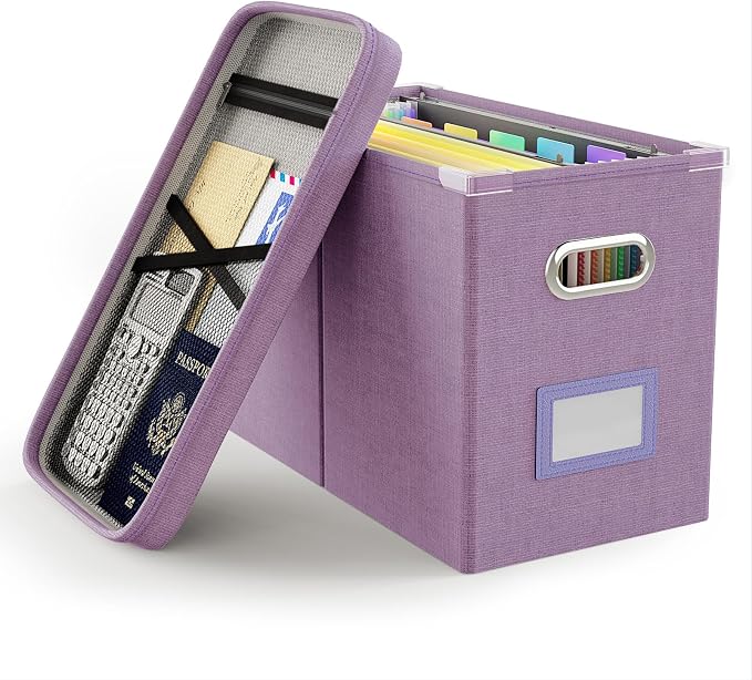 File Organizer with Lid, Hanging Filing Box with Mesh Pocket, Document Organizer for Letter Files, Portable Storage Box for Office & Home (1 PCS, Taro Purple)