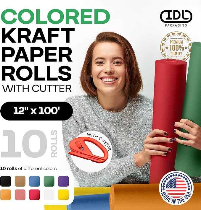 Assorted Colors Kraft Paper with Cutter, Set of 10 Rolls 12"x1200" (100 ft) | USA-Made Natural Multi-Color Kraft Paper for Kids' Crafts, School & DIY Projects, Gift Wrapping by IDL Packaging