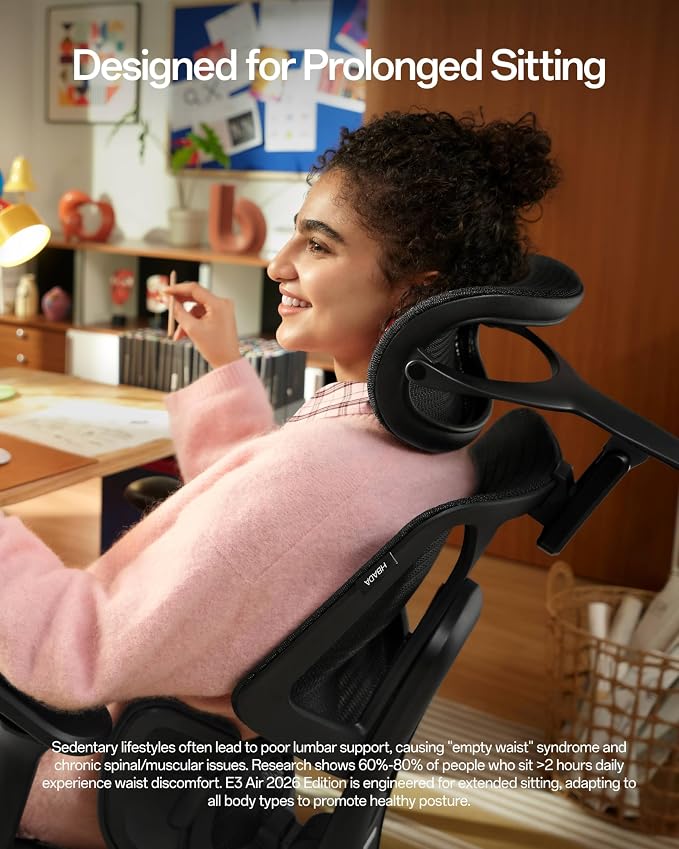 Hbada E3 Air 2026 Ergonomic Office Chair, 3-Zone Lumbar Support, Comfy Home Office Chair with Auto Recline, 4D Headrest & Armrests, 140° Tilt for Work & Relax, Black