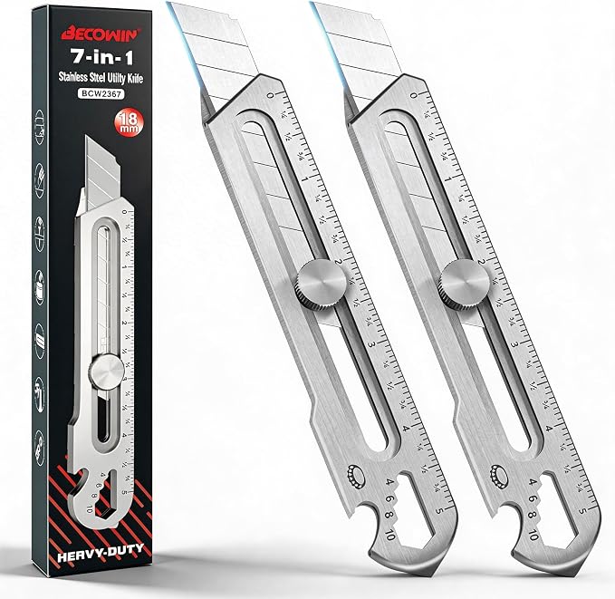 BECOWIN 2PC 7-in-1 Stainless Steel Utility Knife, 18mm Snap-Off Box Cutter | Retractable Metal Utility Knife with Built-In Ruler, Multi Tool Design, Perfect for DIY, Garage, Workshop and Daily Cutting