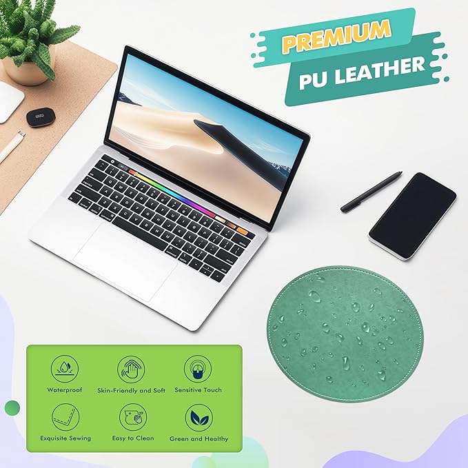Mouse Pad，Round Mouse Pad，PU Mouse Pad，Leather Mouse Pad with Stitched Edge Micro-Fiber Base with Non-Slip Waterproof，Mouse Pad for Computers，Laptop，9 x 9 Inch (Turquoise)