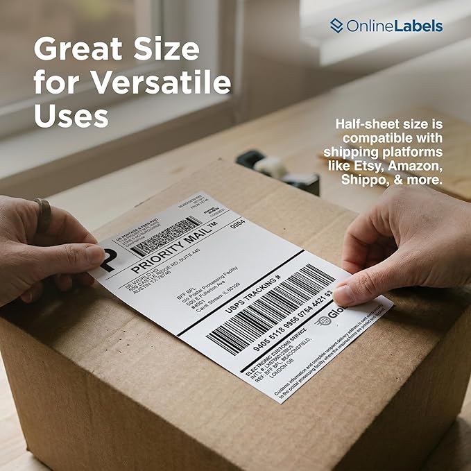 8.5 x 5.5 Half-Sheet Shipping Labels - Permanent, White Matte - for FBA, FedEx, UPS - Pack of 4,000 Labels, 2,000 Sheets - Inkjet/Laser Printers - Online Labels
