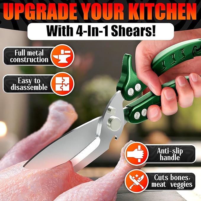 4-in-1 Stainless Steel Kitchen Shears – Sharp Seafood, Fish, Turkey & Chicken Cutting Scissors with Non-Slip Metal Handle & Micro-Serrated Blades – Spring-Loaded Bone Scissors with Safety Lock (Green)