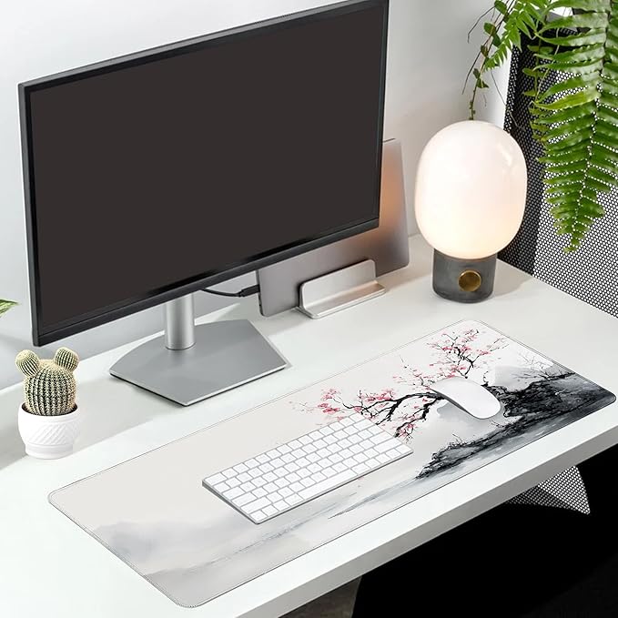 Long Gaming Mouse Pad Extended Anime Large Desk Pad with Non-Slip Base Full Keyboard Mat with Stitched Edges for Gaming and Office 31.5 x 11.8 inches (White Cherry Blossom)