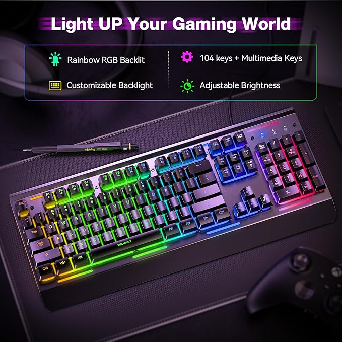 TECKNET Gaming Keyboard, USB Wired Computer Keyboard, 15-Zone RGB Illumination, IP32 Water Resistance, 25 Anti-ghosting Keys, All-Metal Panel (Whisper Quiet Gaming Switch)