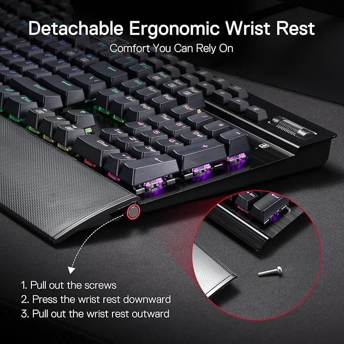 Redragon K550 RGB Gaming Keyboard, 104 Keys + 12 Macro G Keys Wired Mechanical Keyboard w/Aluminum Top Plate, Custom Clicky Purple Switch, Extra USB Port & Wrist Rest