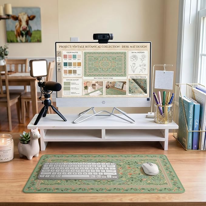 iCasso Aesthetic Flower Mouse Pad,23.6x13.7in Desk Pad, Light Green | Desk Matt for Desktop, Anti-Slip Mousepad with Stitched Edges for Laptop Computer Keyboard