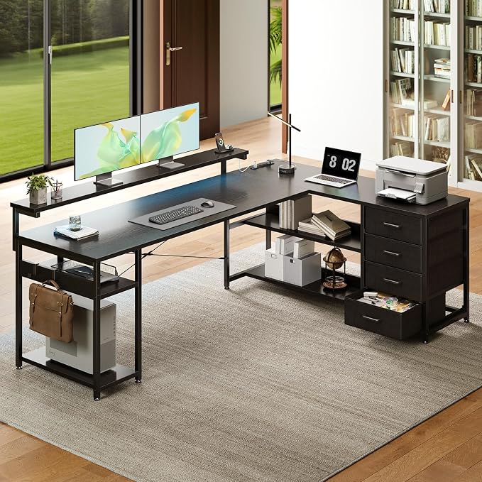 AODK 69" L Shaped Computer Desk with 4 Drawers, LED Lights, Black | Power Outlets, Adjustable Monitor Stand, Open Storage Shelves, Reversible Layout for Gaming and Home Office