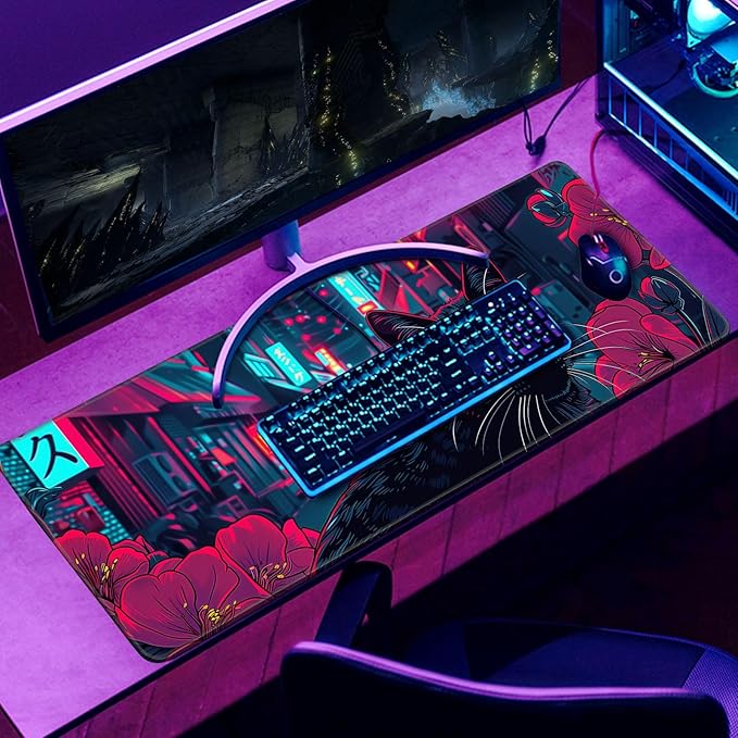 Japanese Black Cat Mouse Desk Pad Kawaii Red Anime Desk Mat Desk Decor Large Gaming Mouse Pad for Tokyo Neon Desk Mousepad Computer Office Keyboard Laptop Big Floral Mouse Pad Xl-31.5x11.8 in