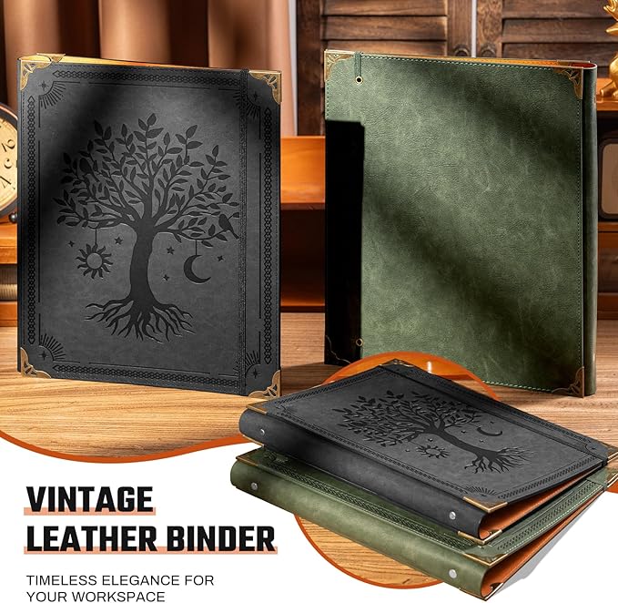 PU Leather 3 Ring Binder 1 Inch Round Ring Binder Holds 200 Sheets 8.5"x11" Letter Size Paper, Wedding Family History Notebook Cover Loose Leaf Organizer, Black Tree