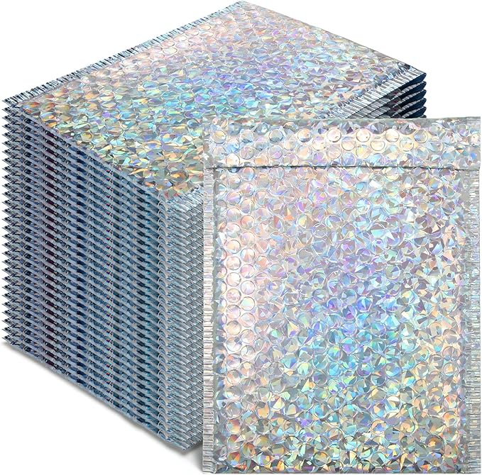 Fulmoon 30 Pieces Holographic Bubble Mailers 4x8 Inch Padded Mailer Holographic Bubble Mailers Padded Envelopes Self Adhesive Cushion Envelopes for Mailing Shipping and Packing(Silver)