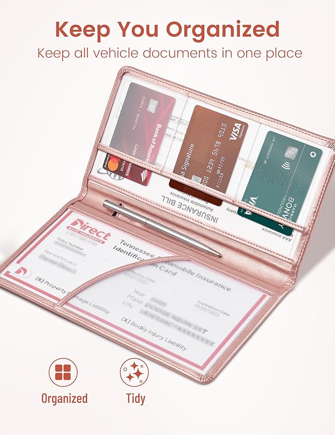 Yarnic Car Registration and Insurance Holder, Car Document Holder with Magnetic Closure, Car Wallet for Driver License, Cards and other Essential Documents (Rose Gold)