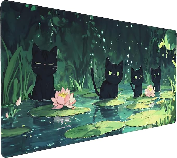 Cute Anime Black Cat Gaming Mouse Pad, Forest Green Anime Desk Mat with Anti-Slip Base & Stitched Edges,35.4" x 15.7" in Desk Accessories for Women, Home Office Decor & Artistic Gift