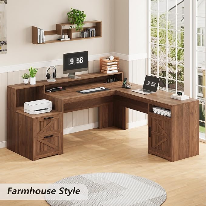 63" Farmhouse L Shaped Desk with Drawers & Printer Shelf for Home Office | Corner Computer Desk with Storage, Power Outlets, L Shaped Office Desk with Monitor Stand, Printer Shelf, Brown