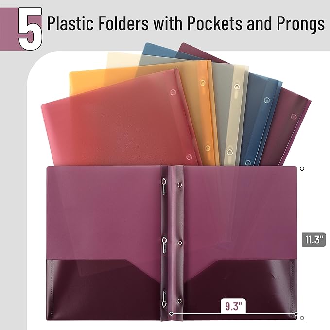 Mr. Pen- Translucent Plastic Folders with Pockets and Prongs, 5 Pack, Colorful, Letter Size, Flexible Plastic Folders with Prongs & Card Slot