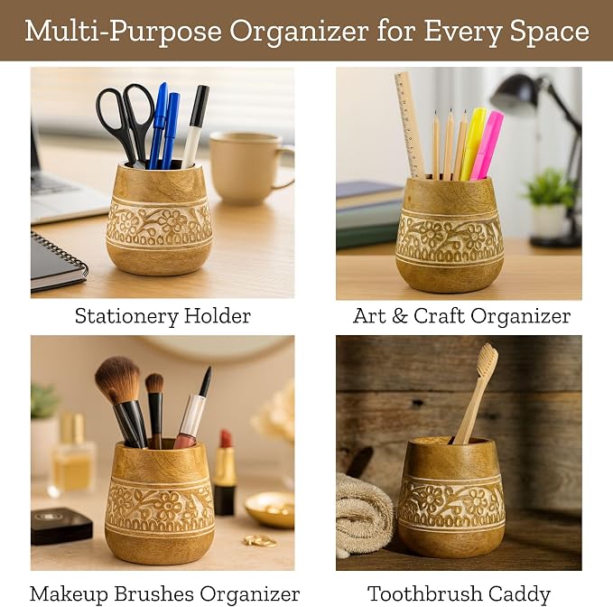 Mie Creations Farmhouse Pencil Holder for Desk, Wooden, White Floral 4'' | Wooden Pen Stand, Office Desk Organizer, Desktop Accessories, Stationery, Art Supplies, Paintbrush Stand, Make Up Brush Cup