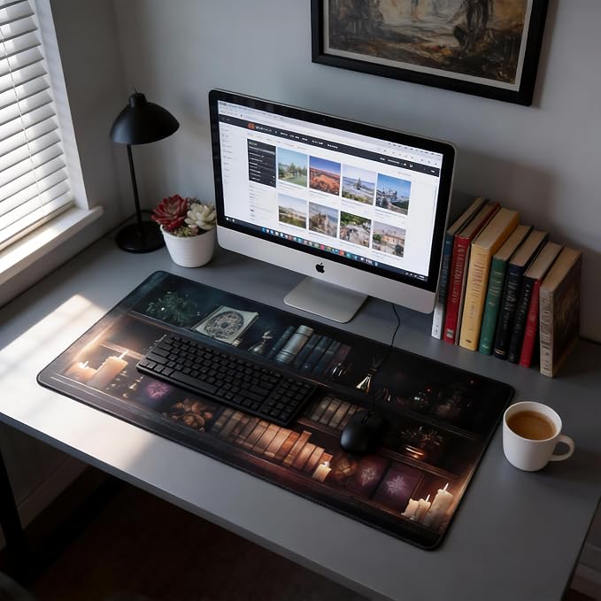 Aesthetic Book Gaming Mouse Pad, Dark Green Mystical Desk Mat with Anti-Slip Base & Stitched Edges, Computer Keyboard & Laptop Pad, 35.4" x 15.7" in in Workstation Accessories