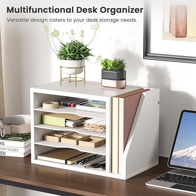 Mail Sorter, File Organizer Desktop, Wood Desk Organizer with 3 Adjustable Shelves, Mail Holder for Office, Home, Letter Sorter File Holders for Envelopes, Mail Supplies Magazines, White