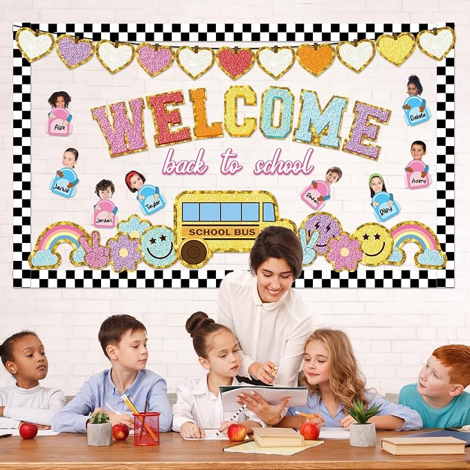 Welcome Back to School Bulletin Board Boho Groovy Preppy Patch Classroom Bulletin Board Decorations Schoolbag Paper Cutouts for Office Chalkboard Decor First Day of School Wall Door Supplies