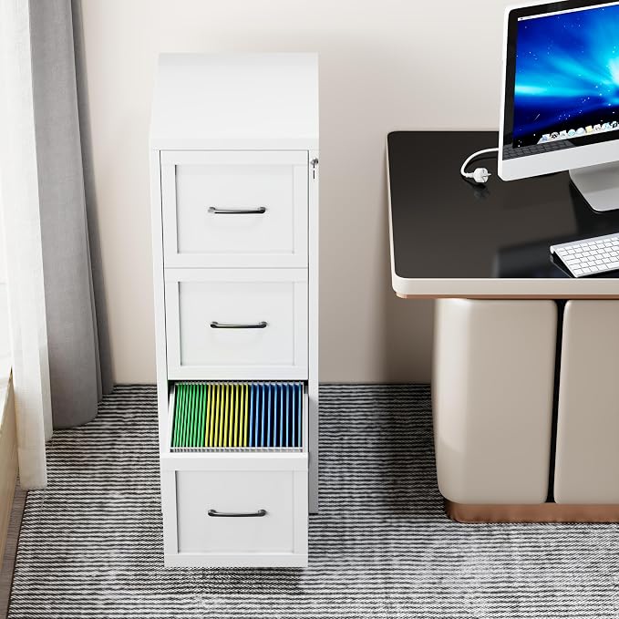 3-Drawer Metal File Cabinet with Lock, Tall Narrow Vertical, White | Tall metal filing cabinet with adjustable rails for Letter, Legal and A4 folders; one lock secures all three drawers