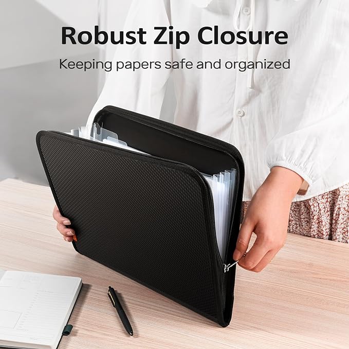 Sooez 7 Pockets Accordion File Organizer, Zipper Expanding File Folder A4 | Reinforced Plastic Accordion Folder Organizer, A4 Letter Size, Portable Folders for Documents, School Office Supplies, Black