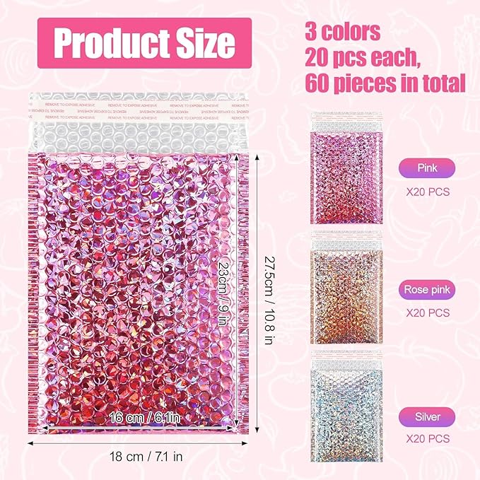 60 Pcs Holographic Bubble Mailers,6 x 9 Inch Metallic Bubble Mailers,Waterproof Shipping Bags,Poly Padded Envelopes,Self Sealing Cushion Envelopes for Mailing,Packing,Small Business (Multicolor-A)