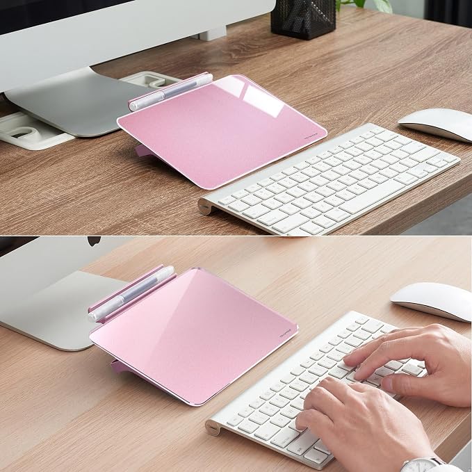 Small Desktop Whiteboard - Glass Dry Erase Board 8 X 6 Inches Tabletop Easel Whiteboard with Stand, Desk Board Buddy for Artist, Teacher and Student - Pink ＆ Gold