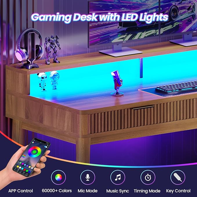 SEDETA Modern Office Desk with 4 Drawers, 59" Fluted Gaming Computer Desk with Storage, LED Lights and Power Strip, Wood Writing Desk Study Table for Home Office, Living Room, Bedroom, Brown