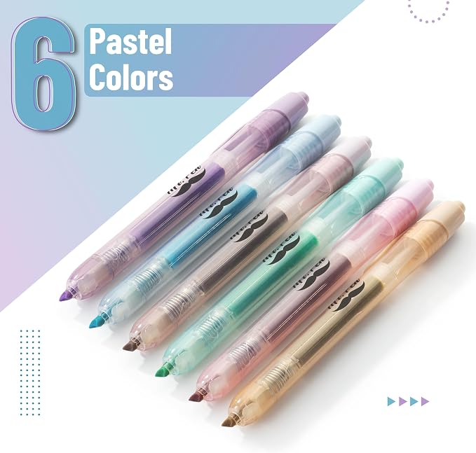 Mr. Pen- Retractable Highlighters, 6 Pack, Muted Pastel Colors | Chisel Tip Highlighter Marker Set, Click Highlighter Markers for Classroom, Journaling, Study Supplies