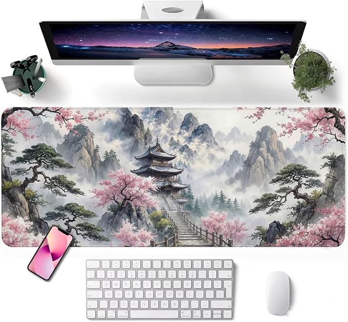 Mouse Pad, Desk Mat, 31.5x11.8in Large Mousepad, Peach Pavilion | Desk Pad with Stitched Edge & Rubber Non-Slip Bottom, Gaming Mouse Pad, Extended Mousepad for Home, Office