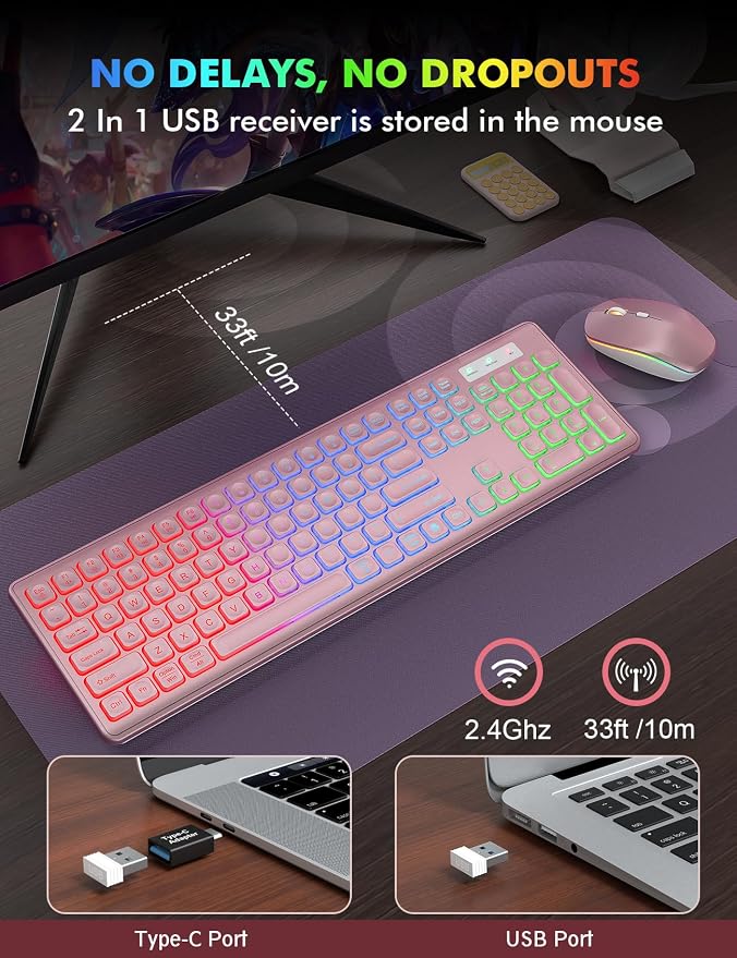 Wireless Keyboard and Mouse Combo, RGB Backlit, Trueque KM42Pro | RGB Rainbow Backlit, Rechargeable Keyboard Mouse, Sleep Mode, 2.4GHz Wireless, Silent Soft Typing, USB-C Adapter
