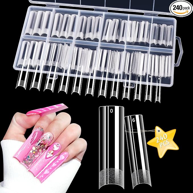 LIONVISON XL Square Nail Tips: NO C Curve for Acrylic Nails Professional | 240PCS Clear Long Straight Flat Pre-Shaped Half Cover False Nails French Tips for Nail Salon Home DIY - 12 Sizes